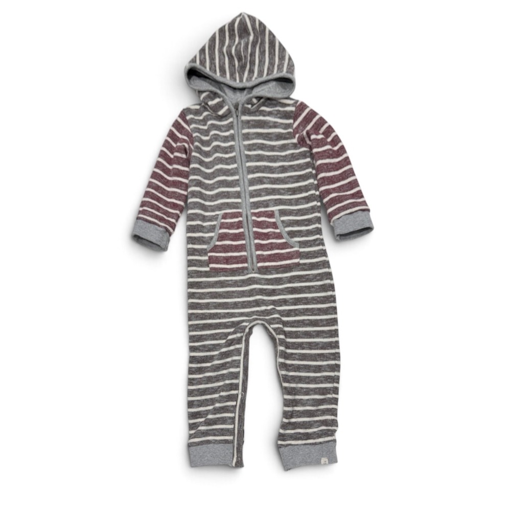 Me & Henry Striped Hooded romper infant sz 18/24M Gray Maroon One Piece